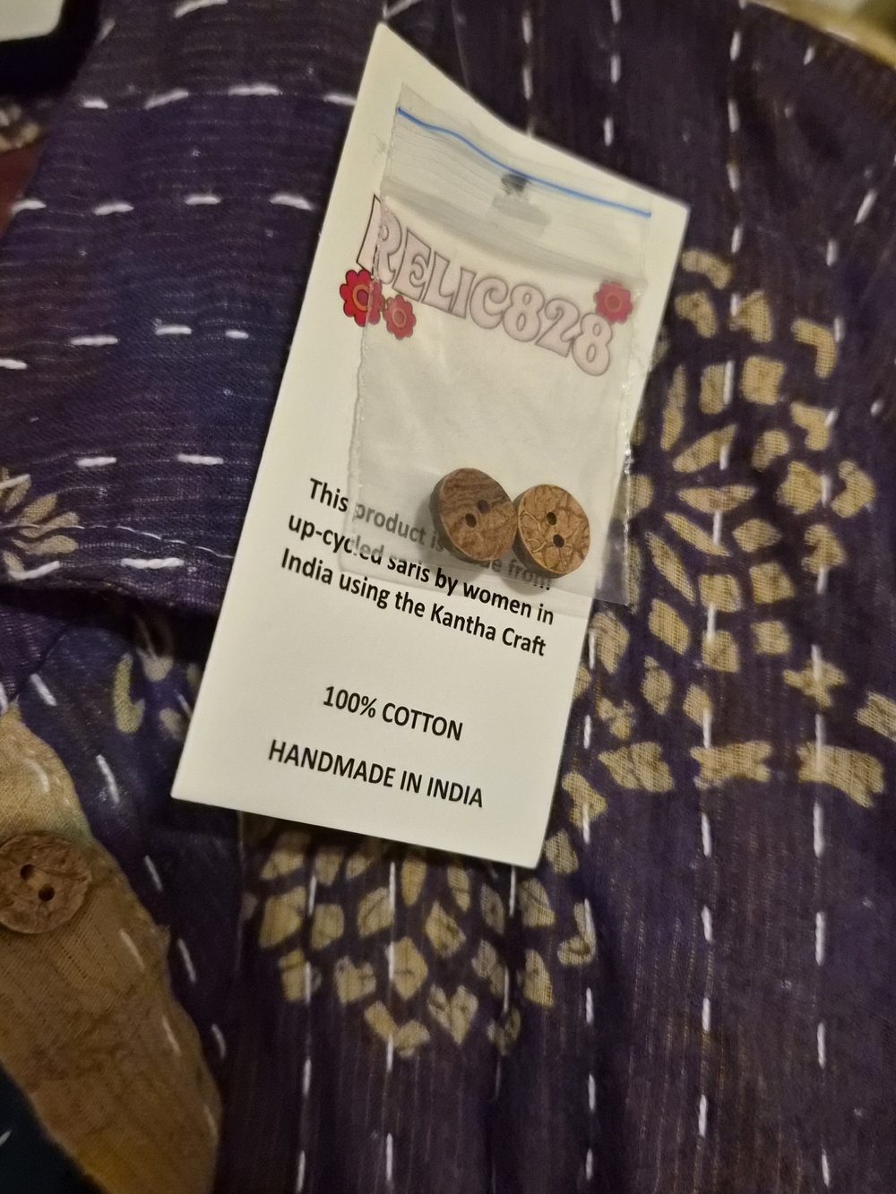 NWT Purple & Cream Kantha Quarter Button Down With Pockets - Picture 2 of 5